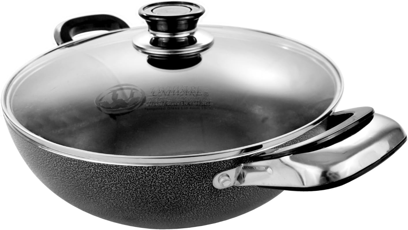 Uniware Non-Stick Aluminum Stock Pot With Glass Lid,Black (12.5 Inch)