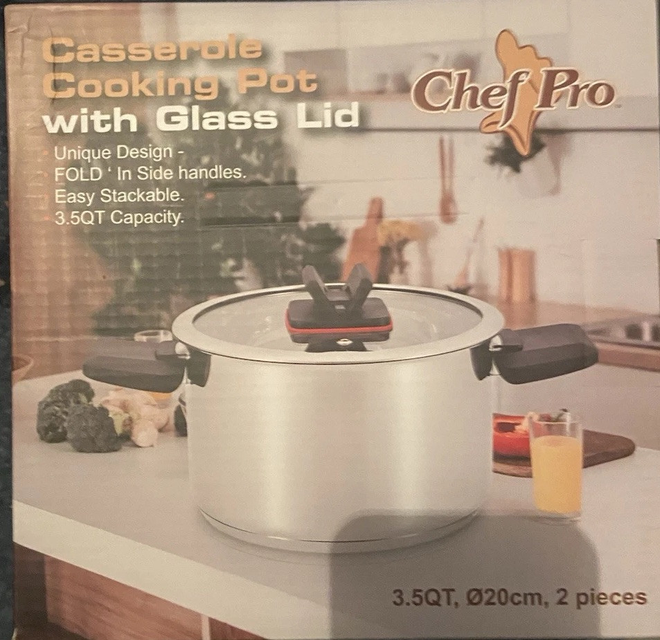 Casserole Cooking Pot Chef Pro unique fold system With Glass Lid 3.5 Quarts