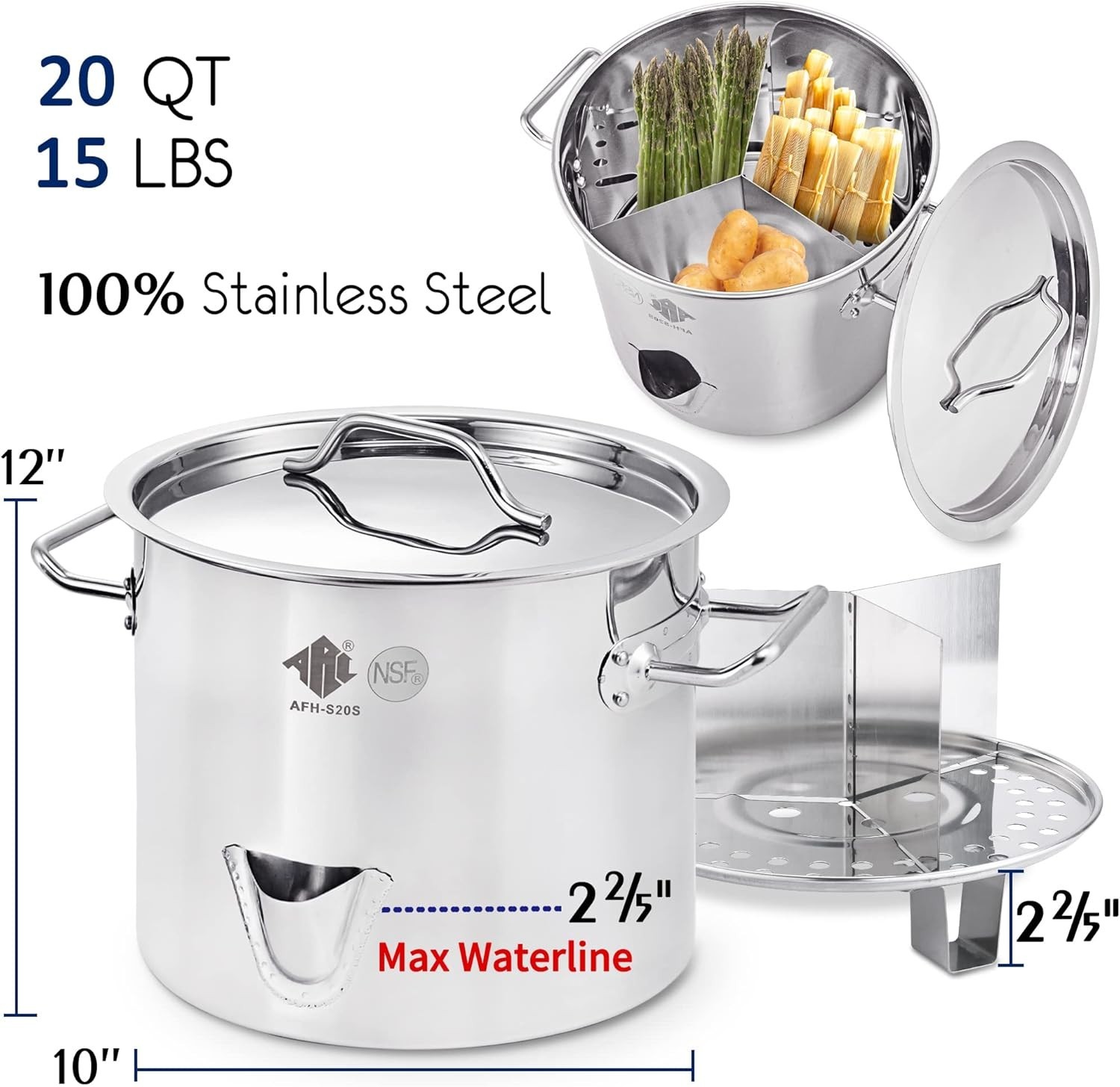 ARC 20QT Stainless Steel Tamale Steamer Pot with Easy-Fill Water Spout, Seafood