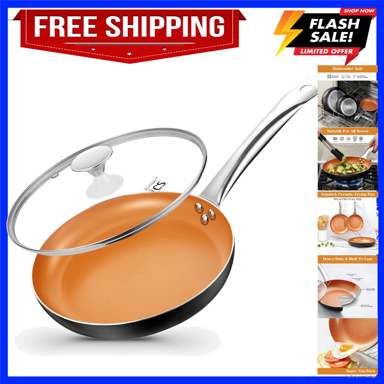 10in Copper Nonstick Frying Pans with Lids and Titanium Ceramic Interior,100%…
