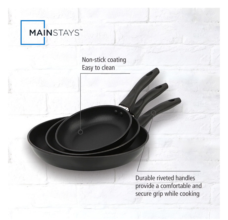 3 Piece Nonstick Aluminum Skillet Set Black Finish Cookware Collection