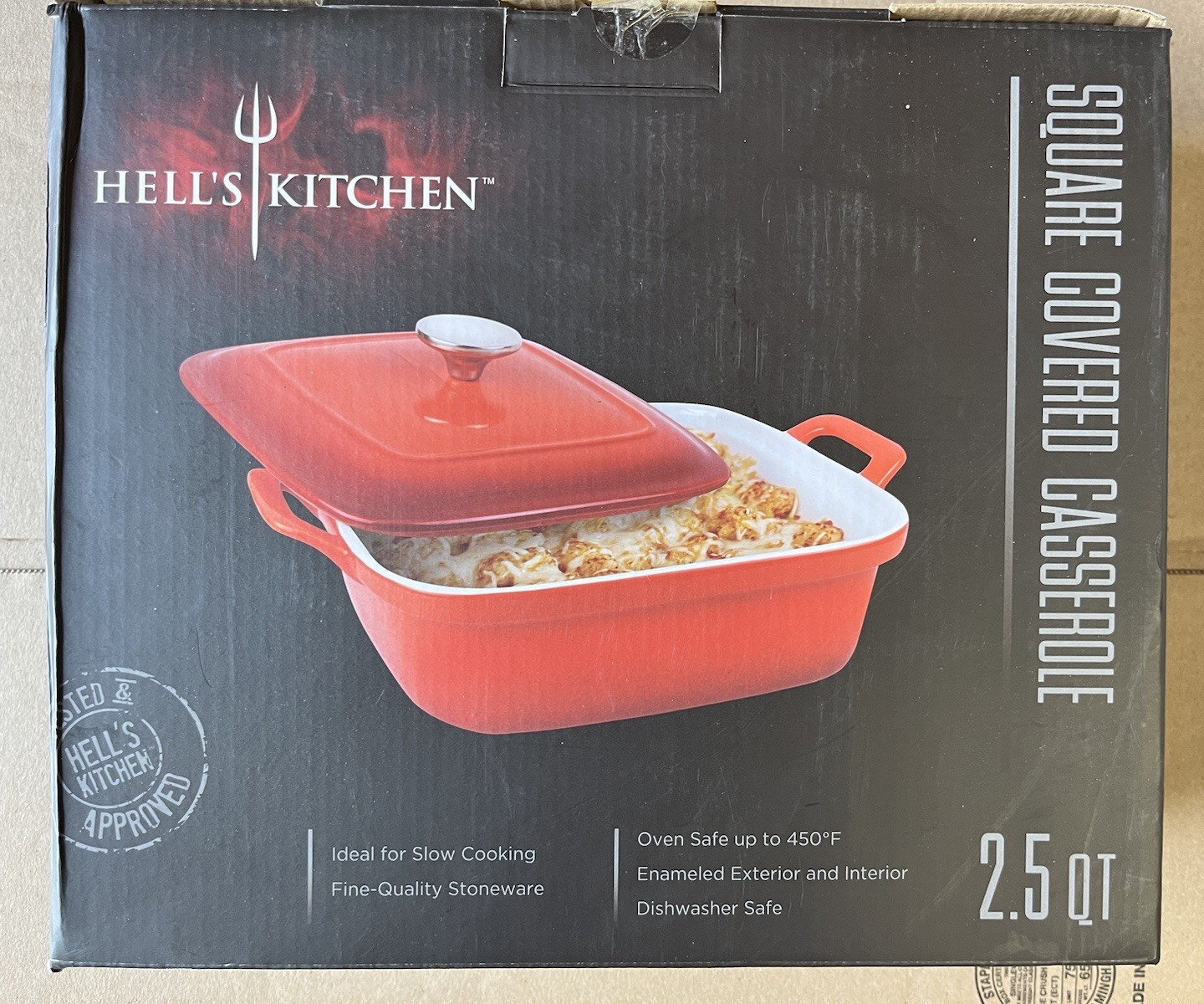 Hells Kitchen Red White Ceramic Bakeware Square Covered Casserole Cooking Dish 