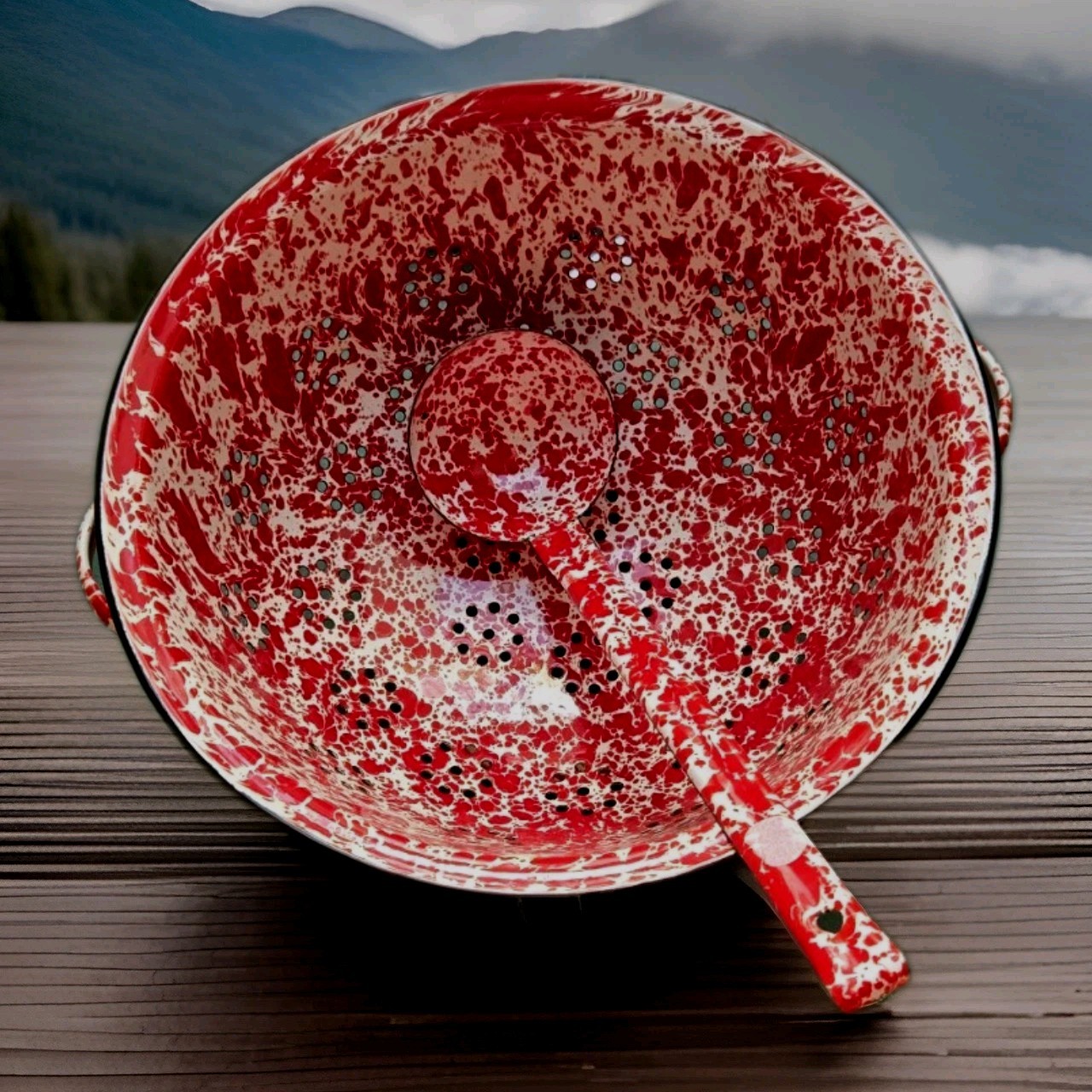 Large Colander Strainer Ladle Red & White Swirl Enamel Splatterware 6″TX11.5″W