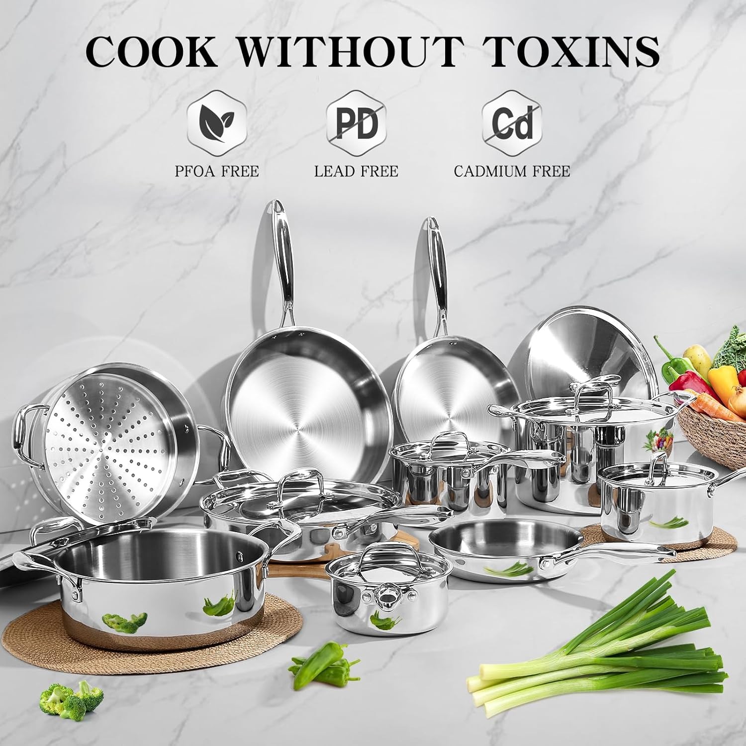Stainless Steel Cookware Set 3 Ply 17 Piece Stainless Steel Pot & Pan Set Oven