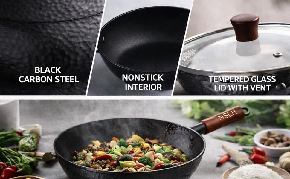 12.6 Inch Carbon Steel Wok Pan with Glass Cover, Pre-Seasoned Nonstick Flat