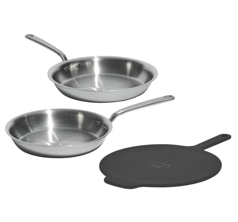 Made In 3-piece 5-ply Stainless Fry Pans with Universal 8/10/12″ Silicone Lid