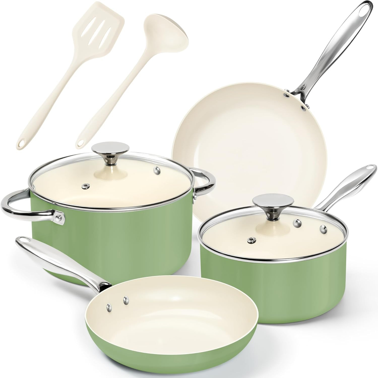 Non-Stick Titanium Cookware Set – 8-Pcs Ceramic Cookware Green