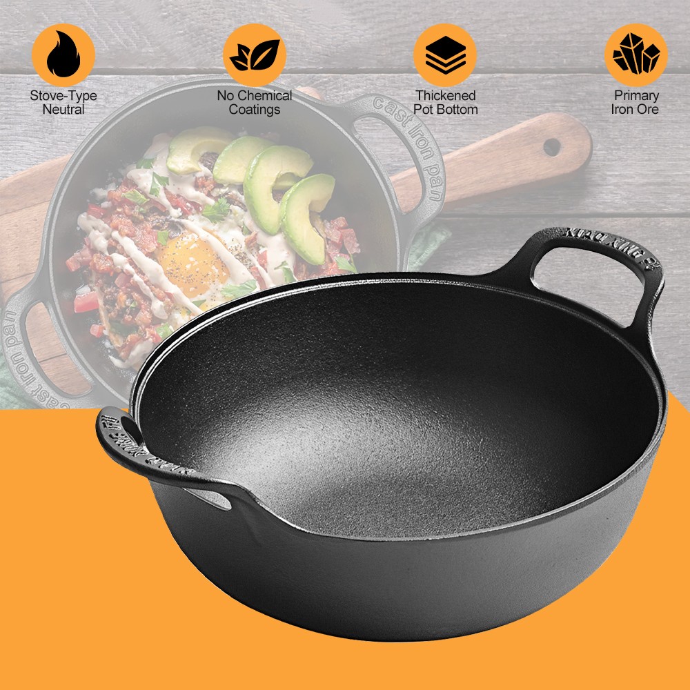 Cast Iron Wok with Handles Grilling Pan 20cm Non-stick Cooking Pot for Camping