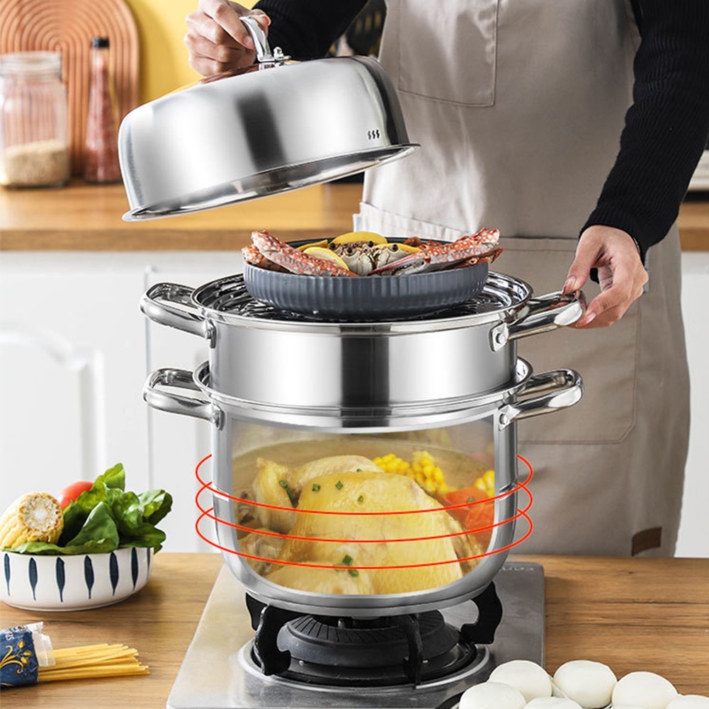 3 Tier Stainless Steel Steamer Cooker Steam Pot Kitchen Food Cooking + Glass Lid