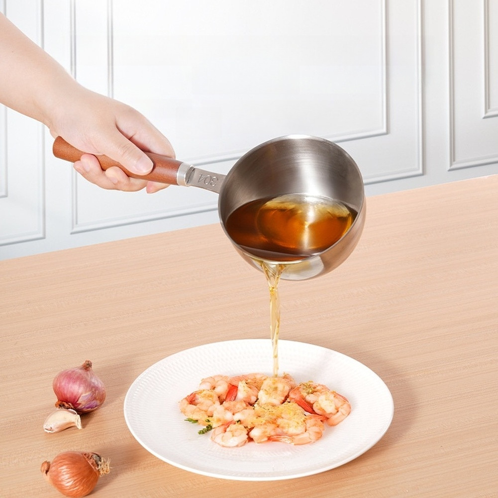 Oil Pouring Pan 28×11.6x6cm Stainless Steel Sauce Pot with Wood Handle
