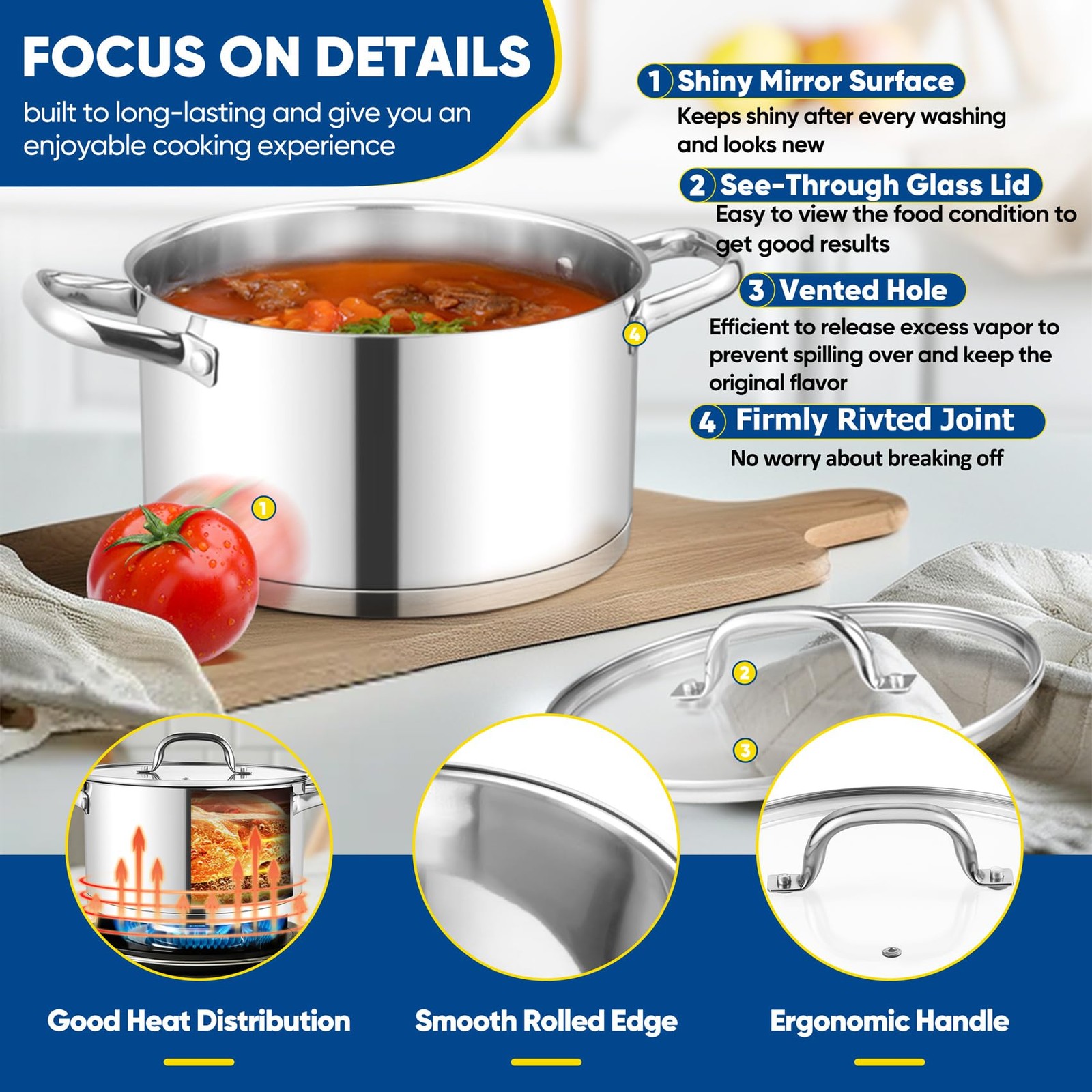 TeamFar 5 QT Stock Pot, Tri-ply Bottom Stainless Steel Stockpot Cooking Soup Pas