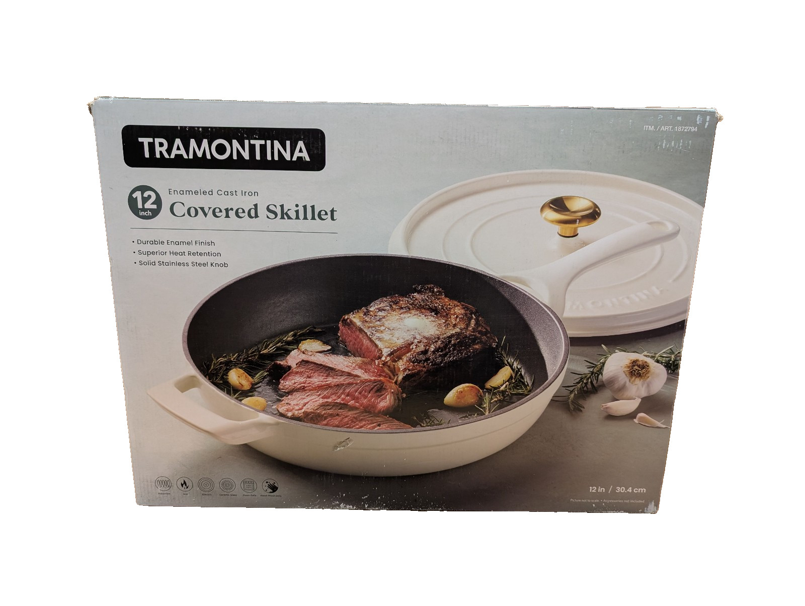New Tramontina 12″ Skillet Enameled Cast Iron White W/Gold Knob Lid