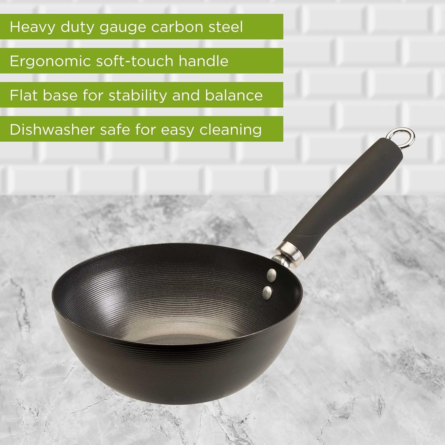 Ecolution Non-Stick Carbon Steel Wok with Soft Touch Riveted Handle, 8″,Black