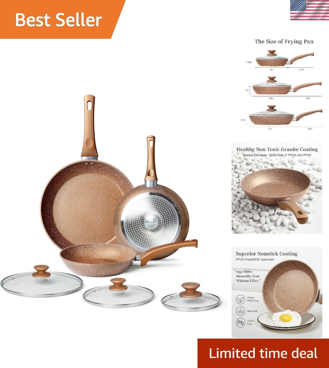 Healthy Nonstick Granite Cookware Set – 3 Pcs, Induction Skillets With Lids, …