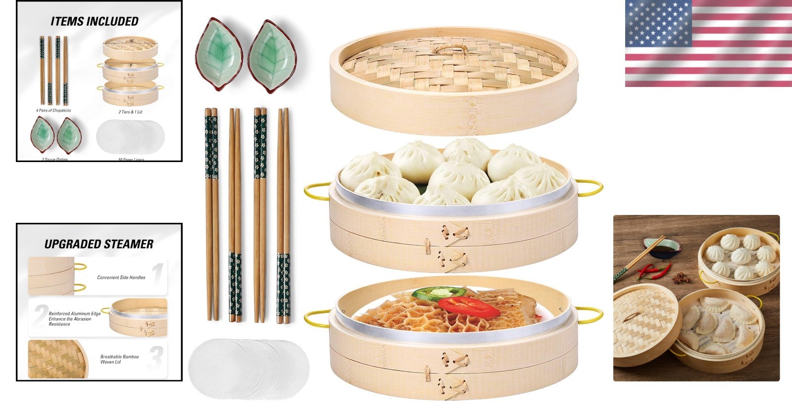 Bamboo Steamer Basket 10 inch for Cooking Dim Sum Dumplings Buns Seafood Rice