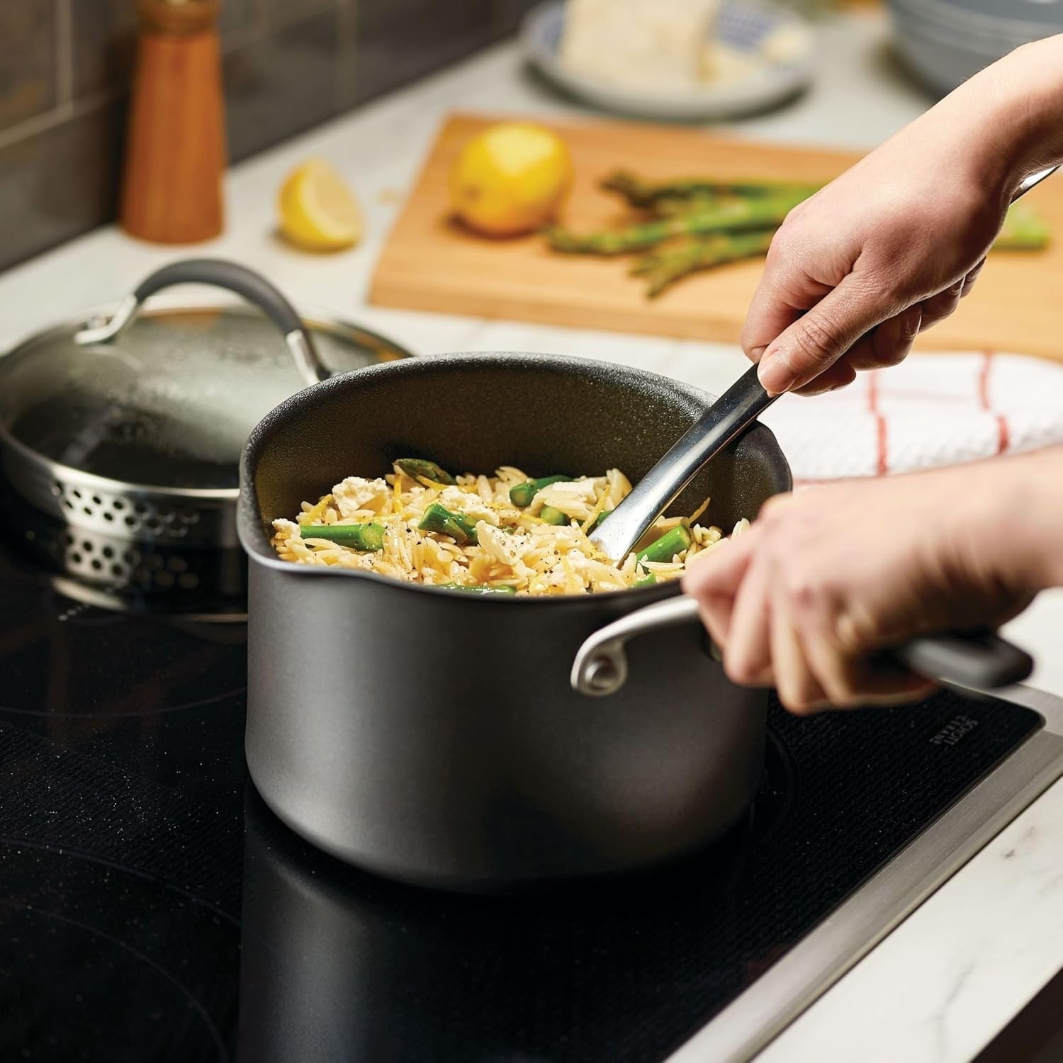 A1 Series w/ ScratchDefense Nonstick Induction Straining Sauce Pan with Lid, 3-