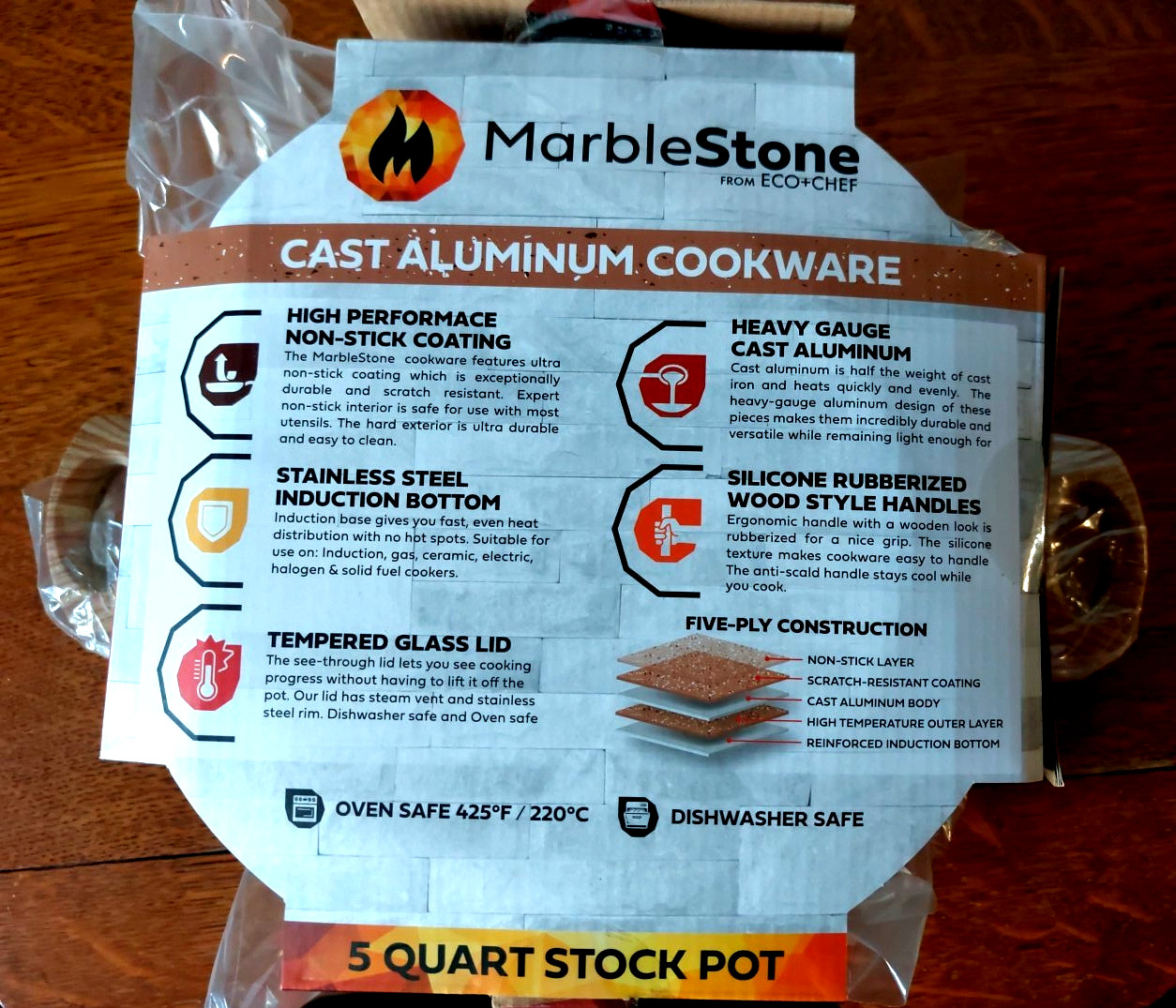Eco+Chef Marblestone Cast Aluminum 5 Qt Stockpot StainlessSteel Induction Bottom