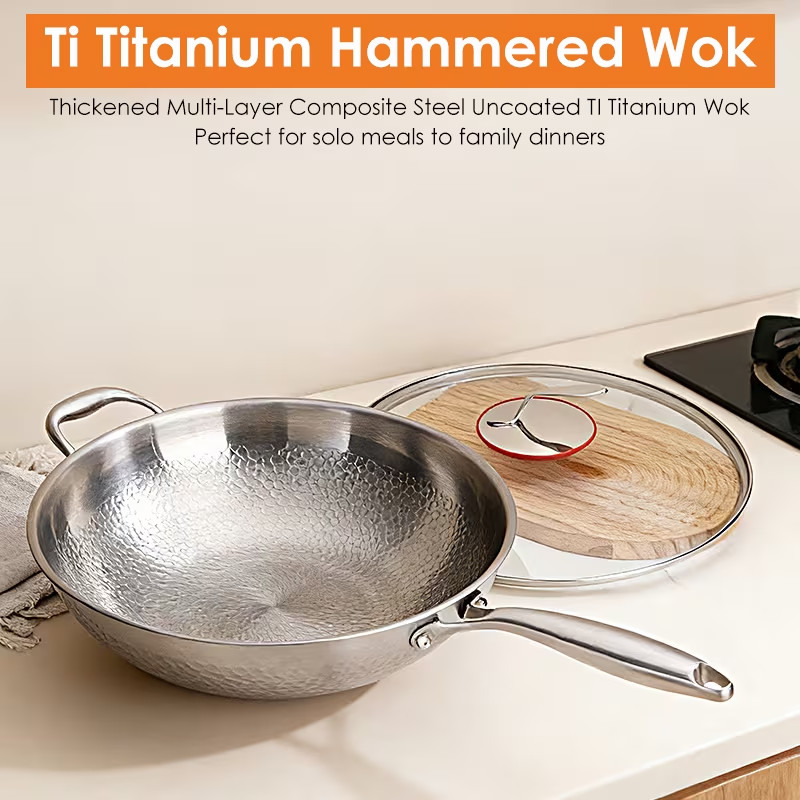 Professional Grade Pure Titanium Wok & Frying Pan – Hammered Finish Non-Coated C