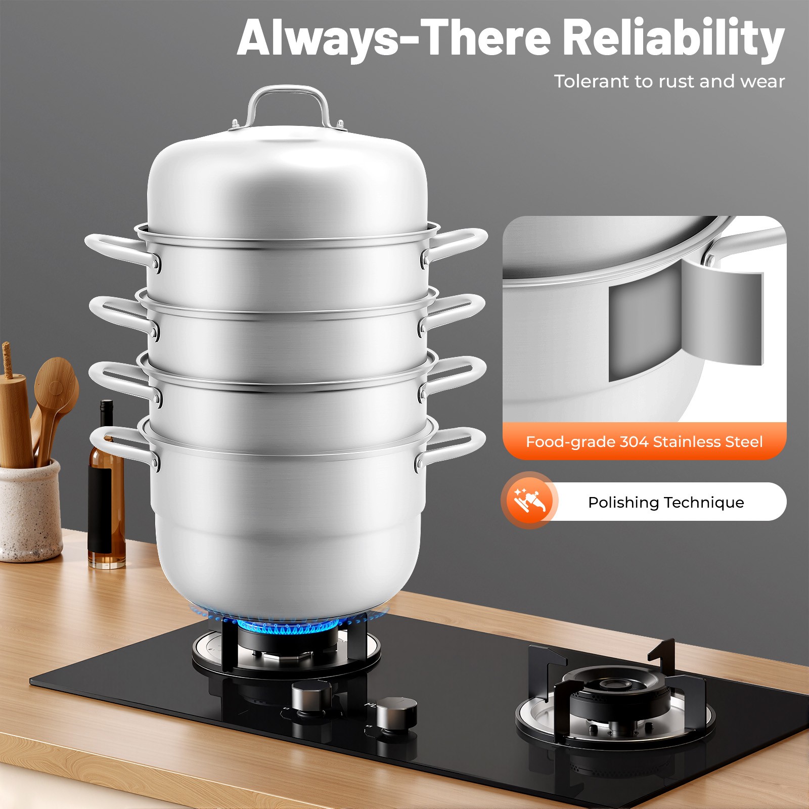 Stackable Stainless Steel Steamer Cooker Pot Glass Lid 5 Layers Large Capacity