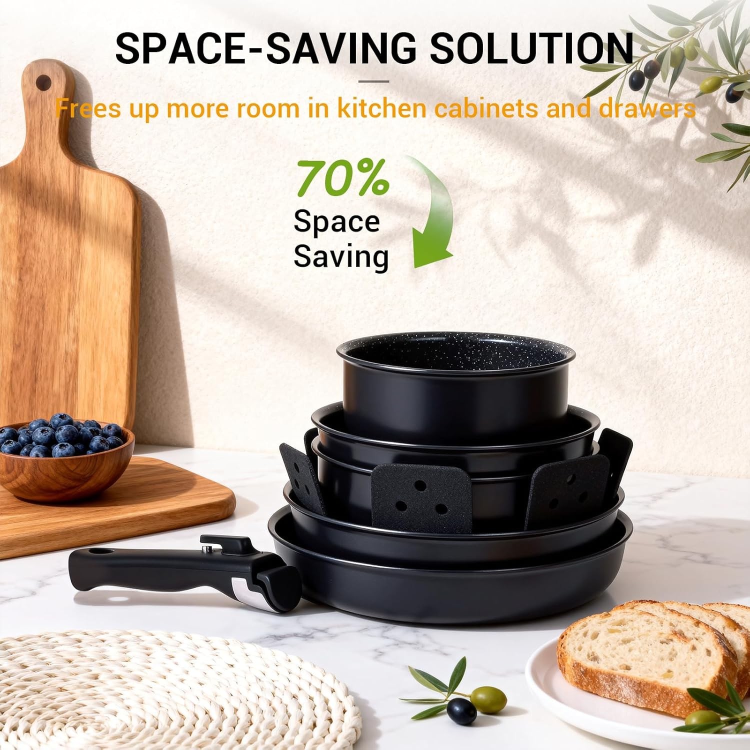 21-Piece Ceramic Pots and Pans Set Non Stick with Detachable Handles and Egg Fry