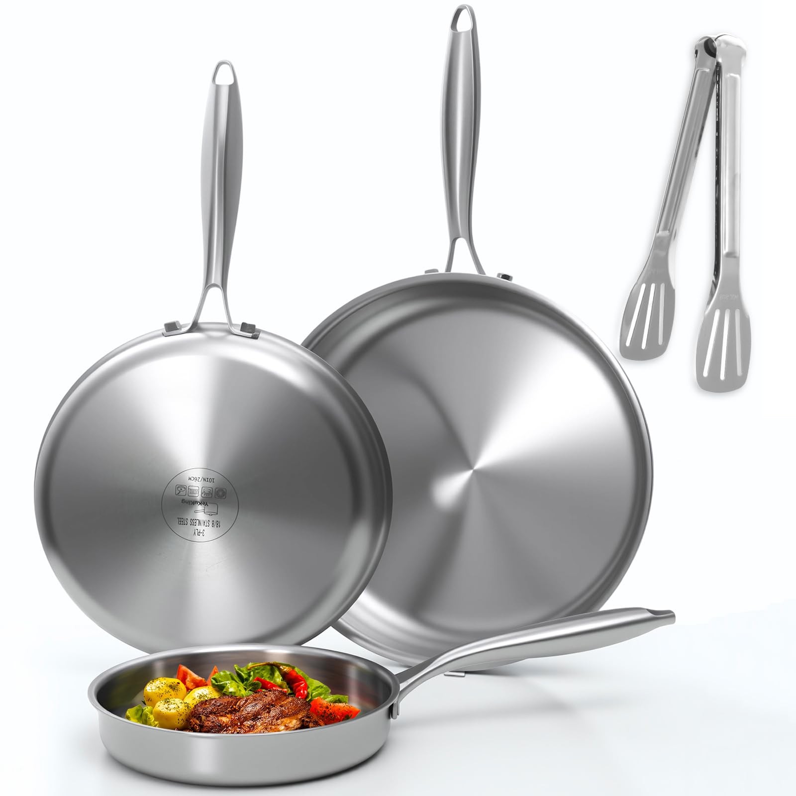 Tri-ply Stainless Steel Frying Pan Set 8″ 10″ 12″ Large Skillet for Chef’s Co…