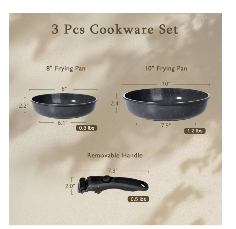 3pc Ceramic Nonstick Frying Pan Set Detachable Handle Oven Safe Induction