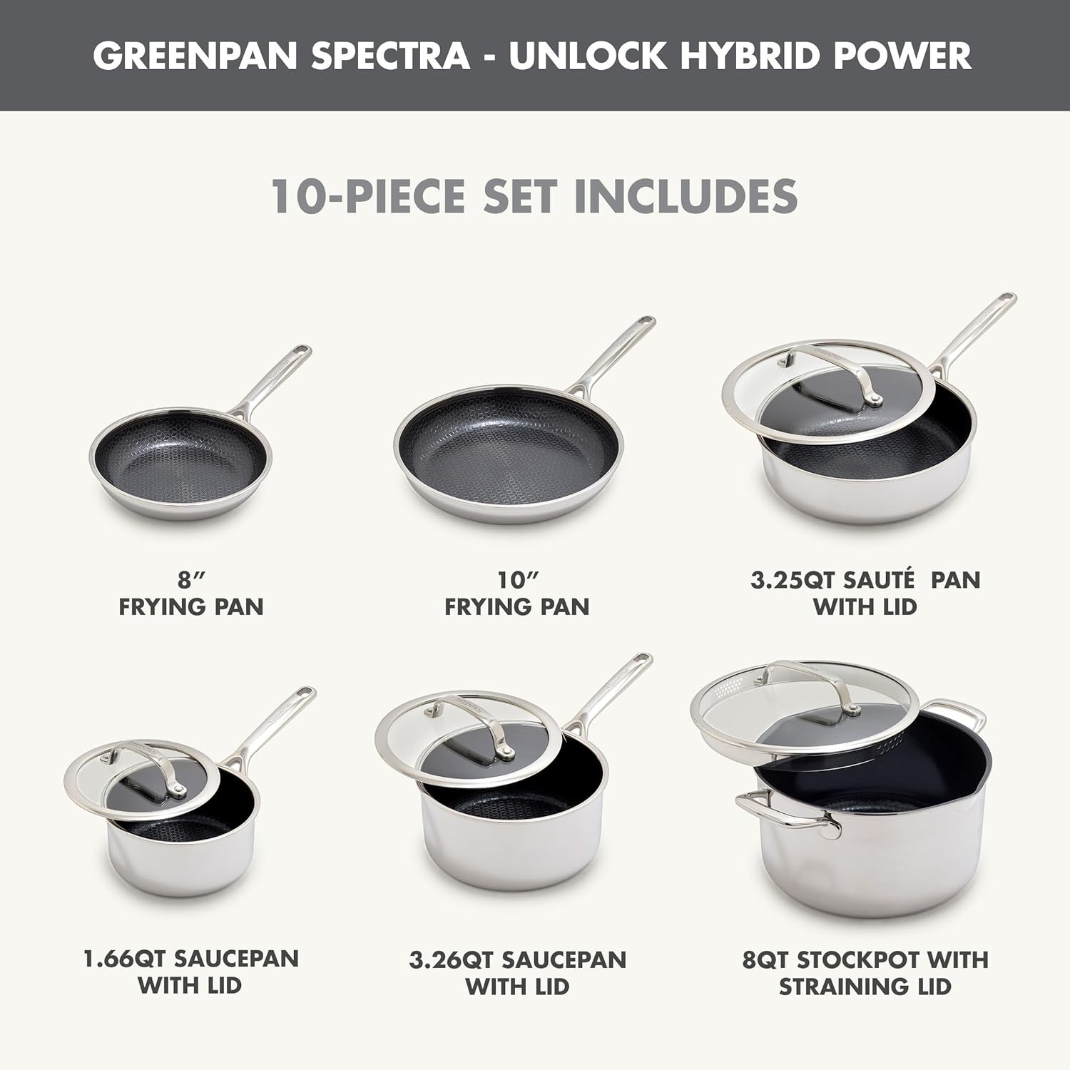 GreenPan Spectra 10 Piece Cookware Set,Hybrid Tri-Ply Stainless Steel, PFAS-Free