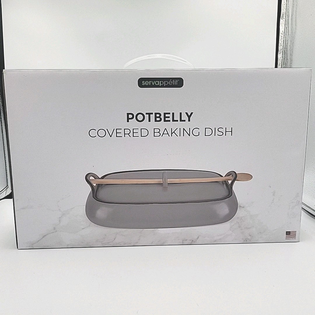 Servappetit Stoneware Potbelly Baking Dish NIB w/ Lid & Serving Spoon