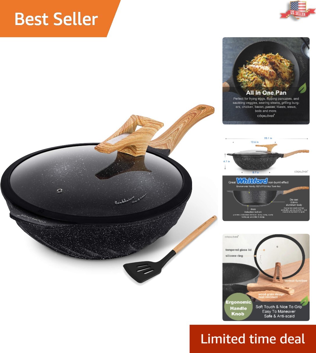 Luxury 12.6 Inch Nonstick Induction Wok with Lid – PFOA Free & Scratch Resistant