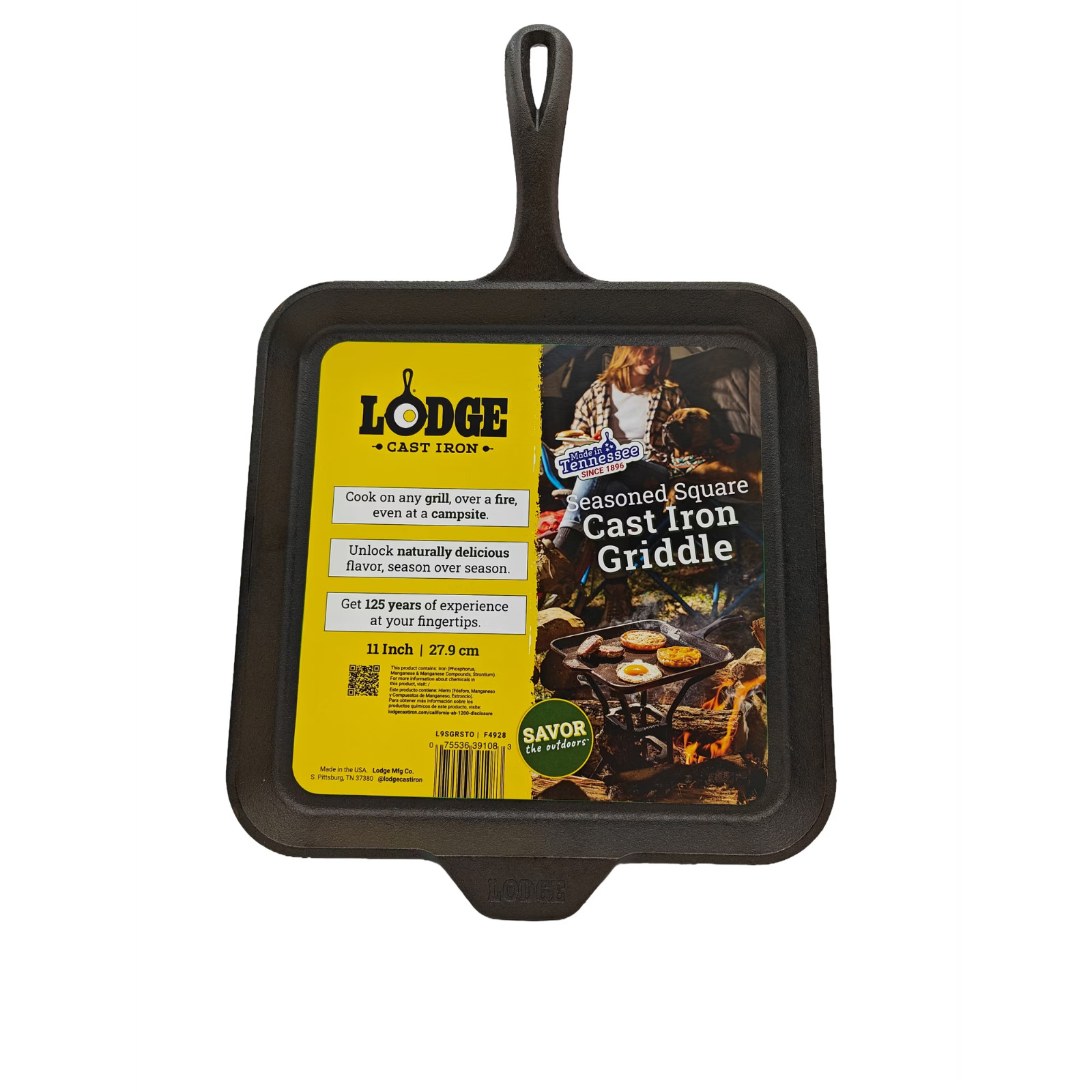 Lodge Cast Iron 11″ Savor the Outdoors, Seasoned Square Griddle, Black