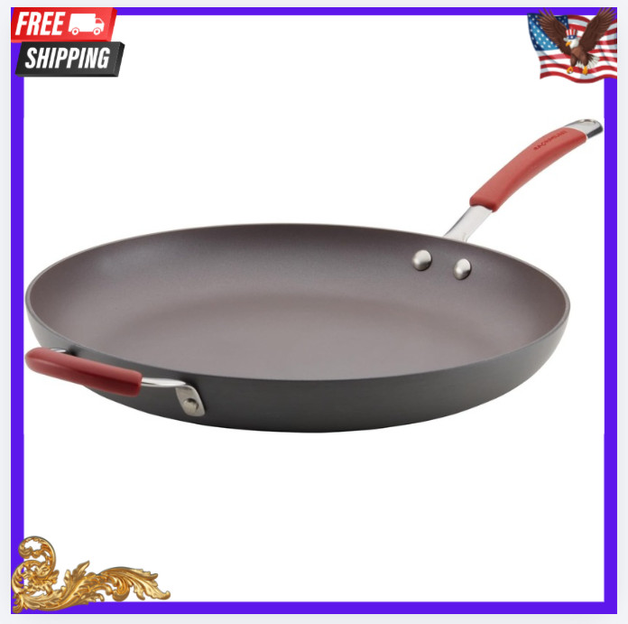 New Cucina 14″ Hard Anodized Nonstick Frying Pan Gray Red Handles