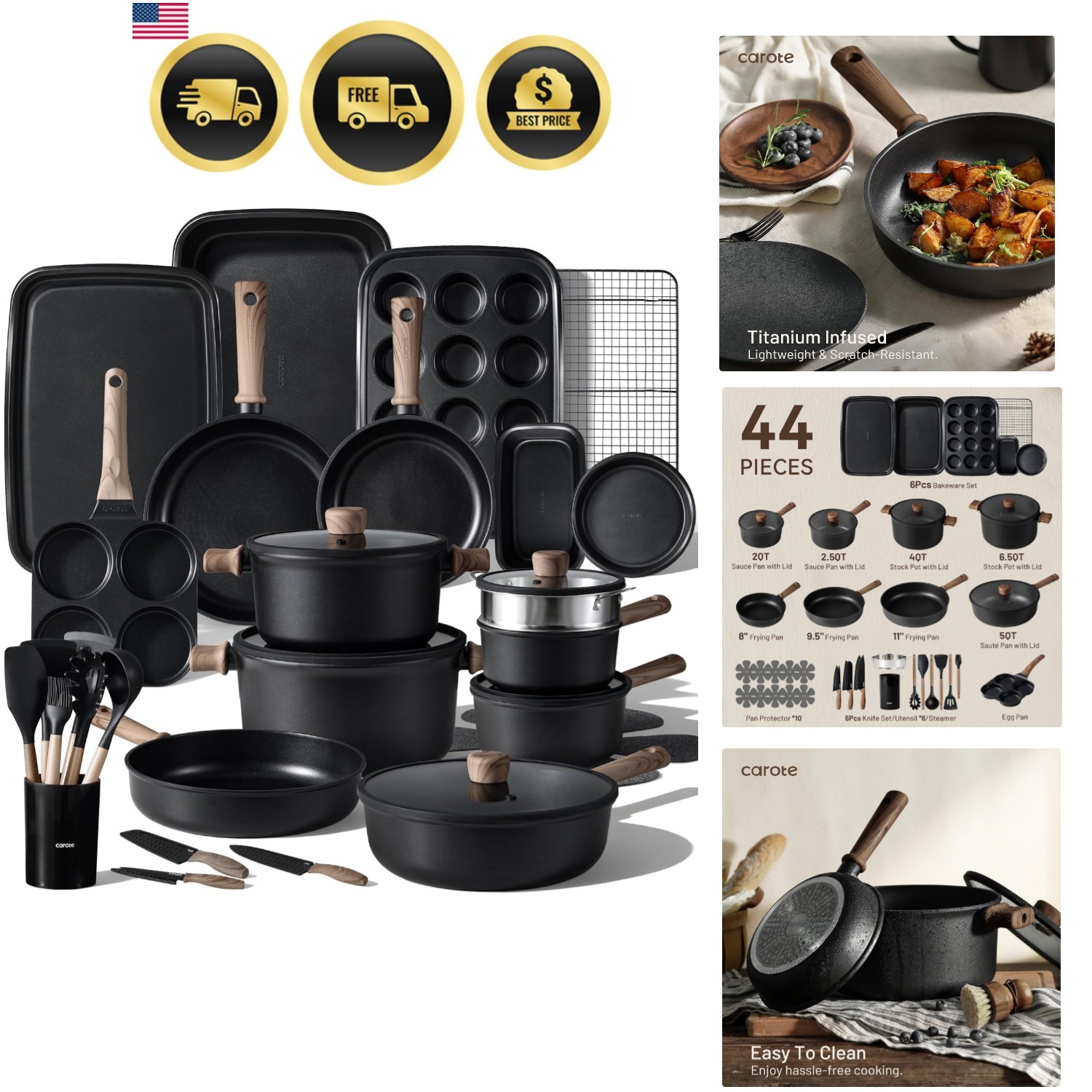 Kitchen Cookware Sets Nonstick Pots Pans Induction Cookware 44pcs Black