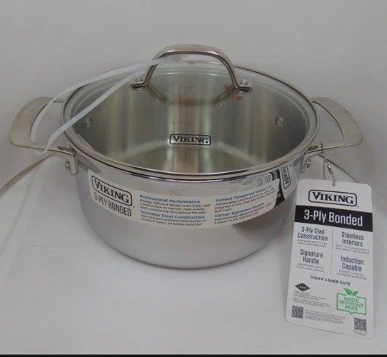 New VIKING 3-PLY STAINLESS STEEL SOUP POT WITH GLASS LID 4QT/3.8L 4 QUARTS