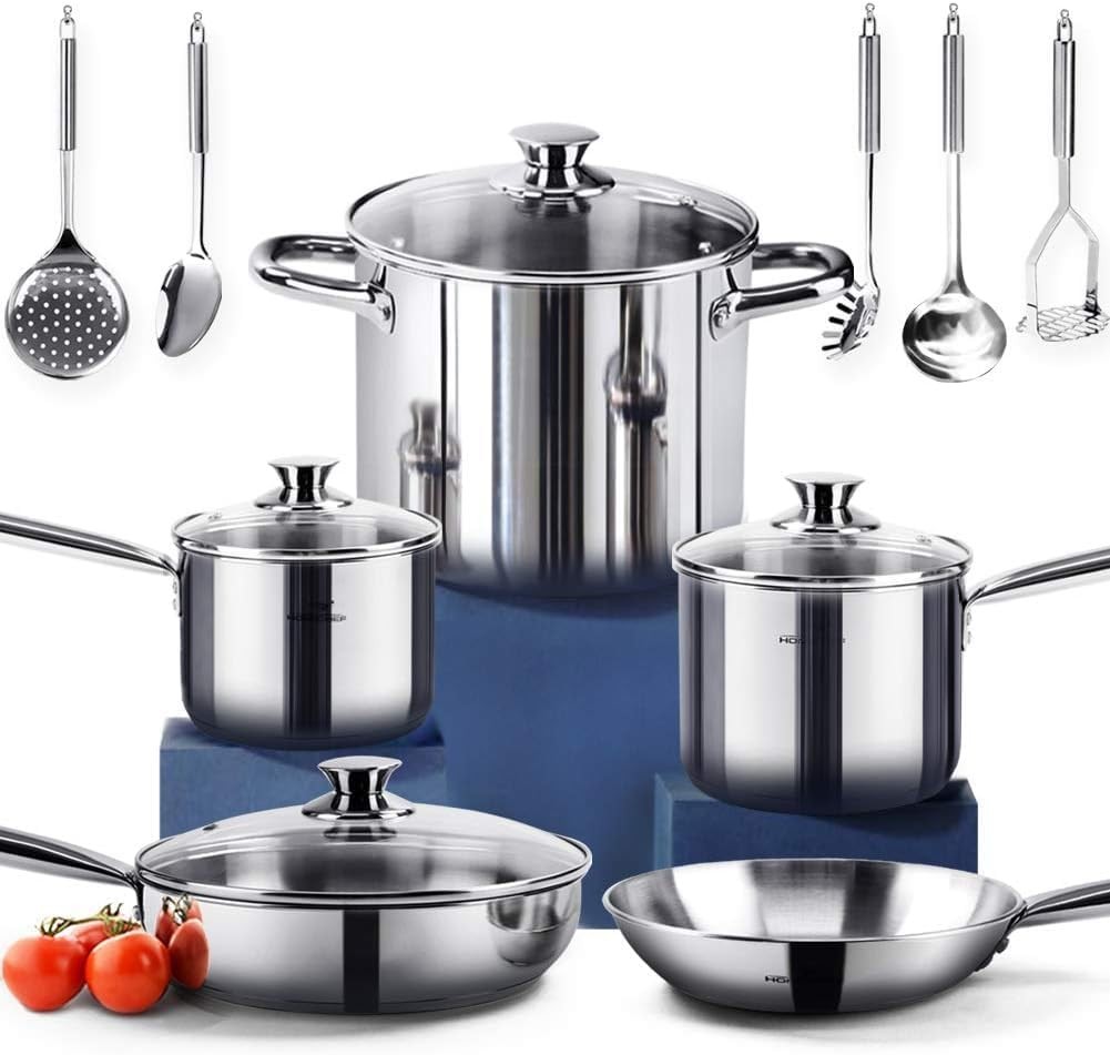 HOMICHEF 14-Piece Nickel Free Stainless Steel Cookware Set