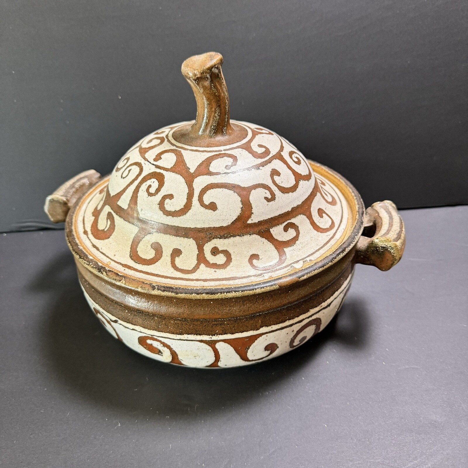 Vtg Stoneware Earthenware Clay Steam Baking Dish Brown Signed Studio Pottery