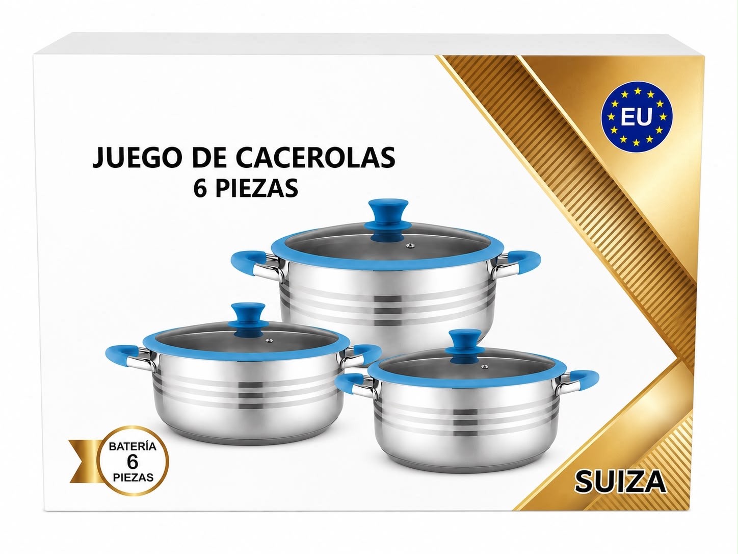 6-Piece Stainless Steel Cookware Set | Glass Lids | Blue Silicone Handles-SUIZA
