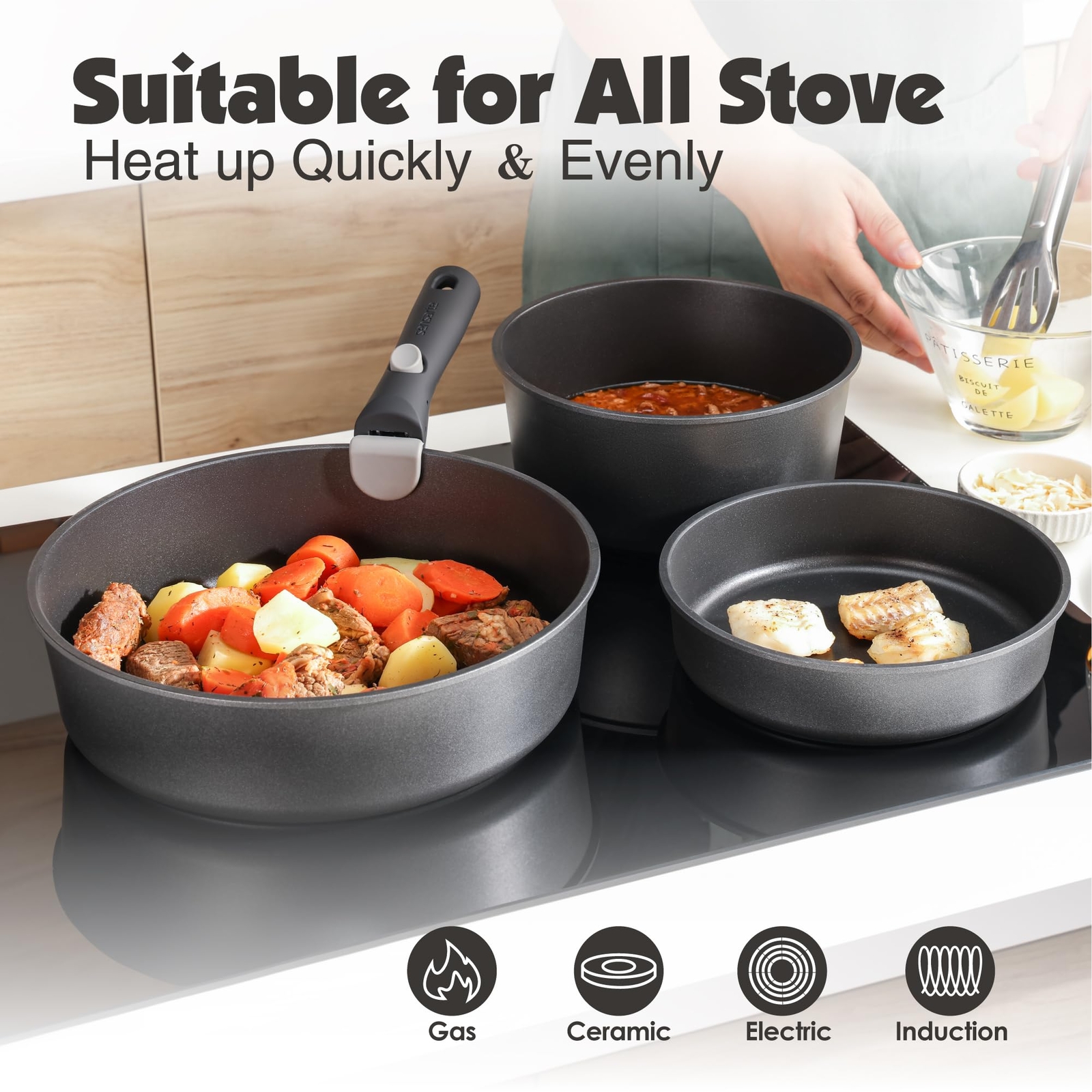 17 Piece Pots and Pans Set, Nonstick Detachable Handle Cookware Set, Induction K