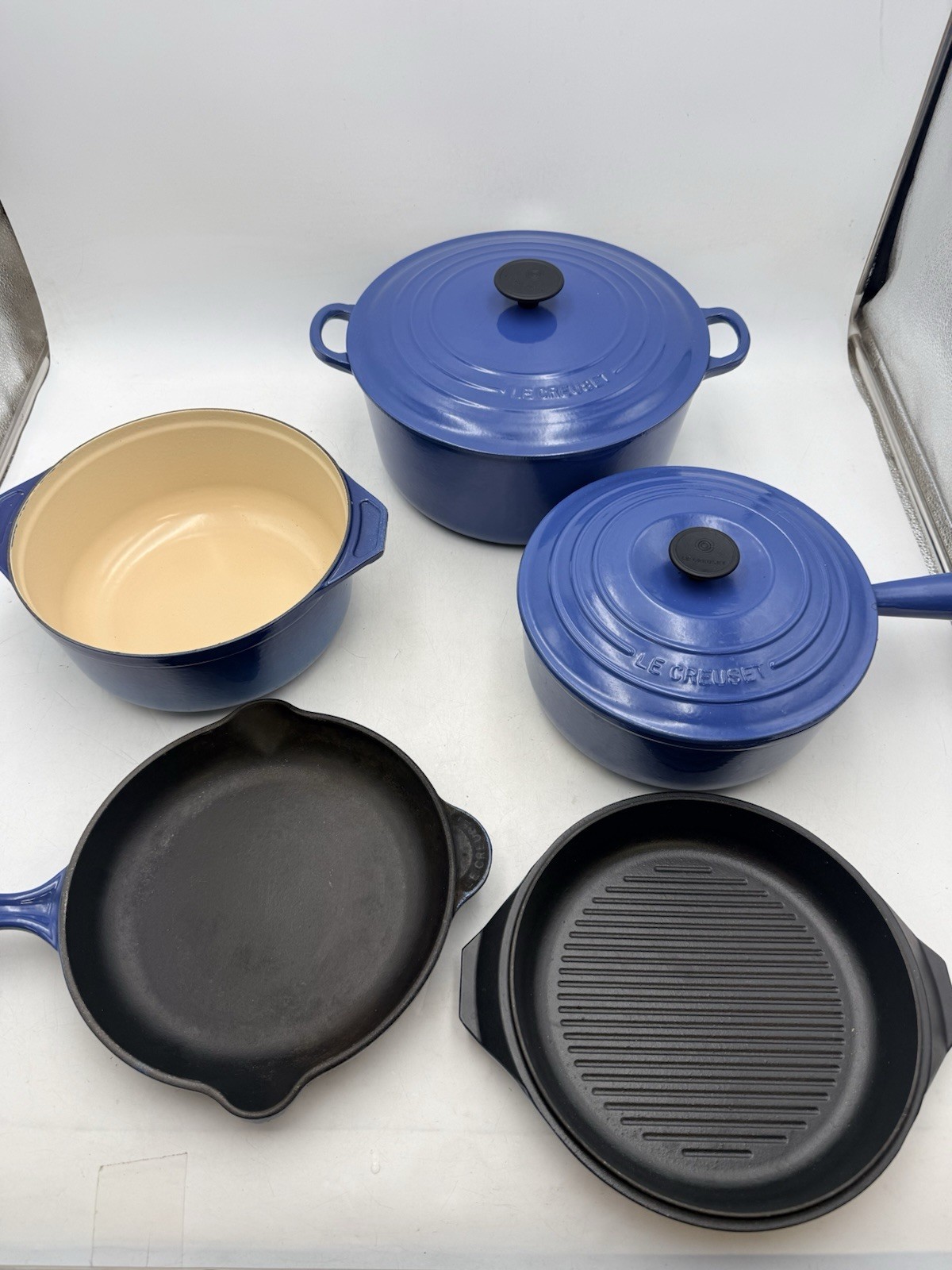 Vtg Le Creuset Marseille Blue Enameled Cast Iron 7pc Cookware Set W/ Dutch Oven