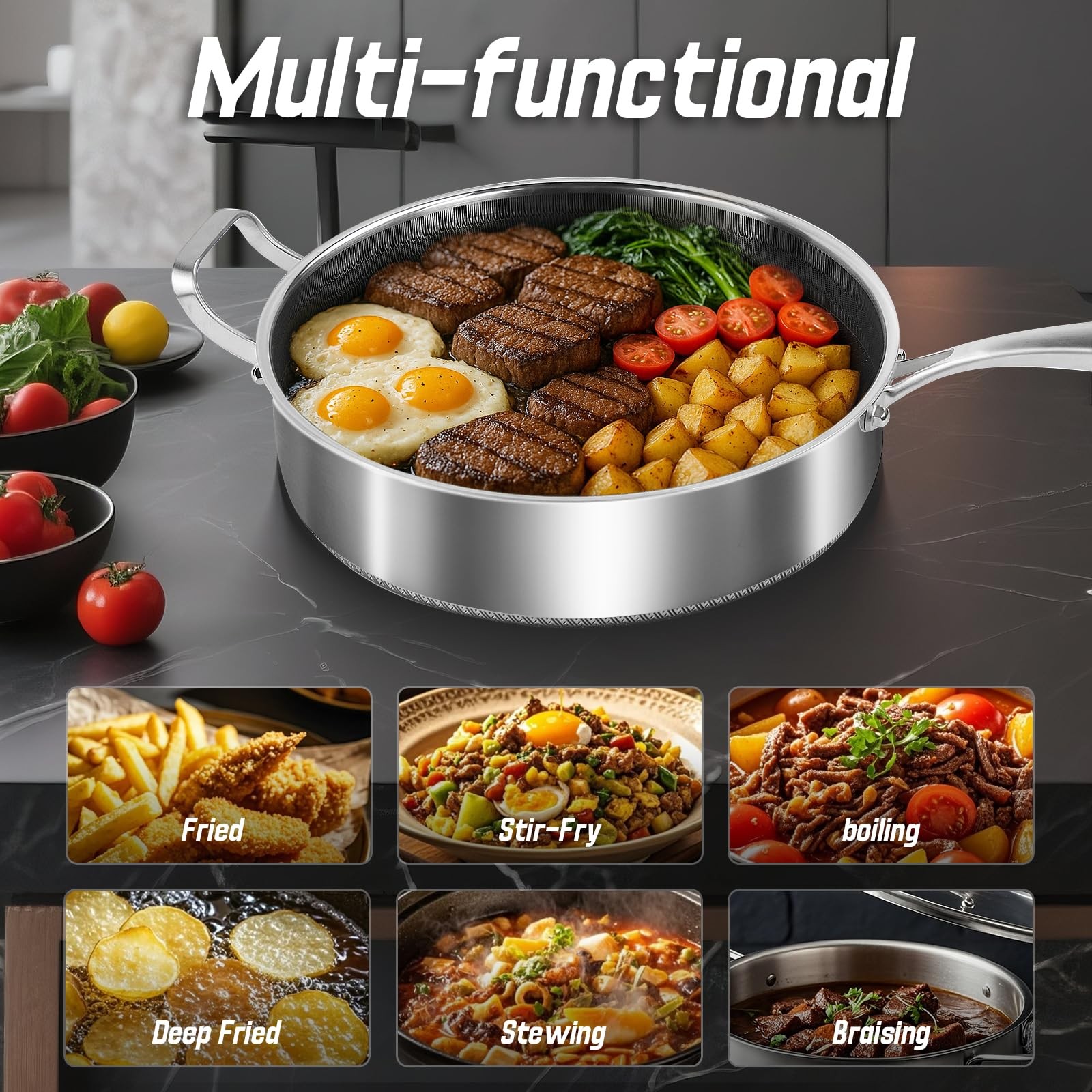 Frying Pans Nonstick wih Lid, Non Stick Tri-Ply Stainless Steel Saute Pan, 8 …
