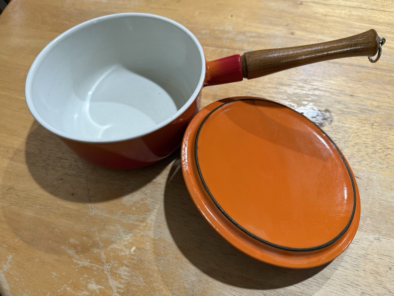 Descoware Orange Enamel Cast Iron Saucepan with Lid & Wooden Handle, 7in x 3in