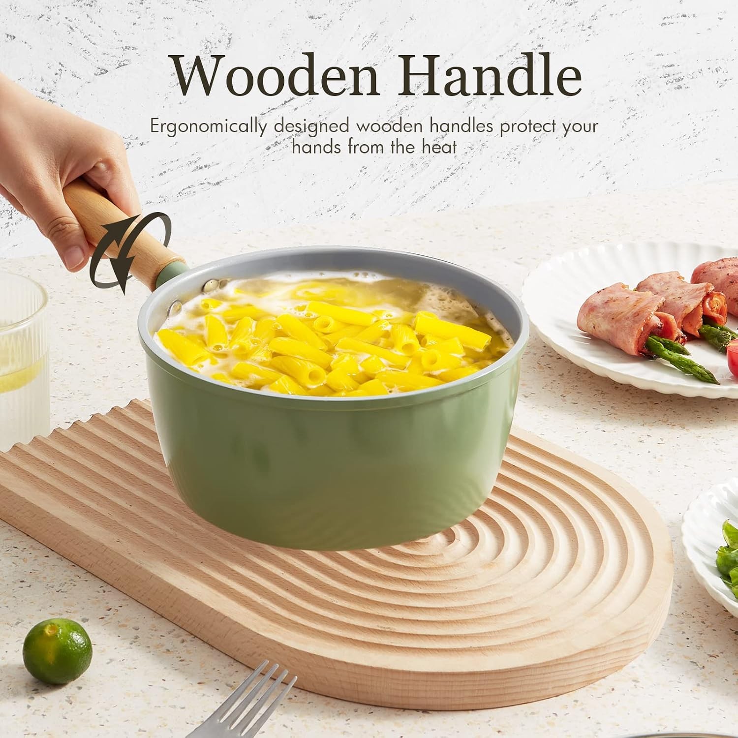 Ceramic Nonstick Sauce Pan 3 QT Pot W/ Steamer Non Toxic & PFAS-Free Wooden