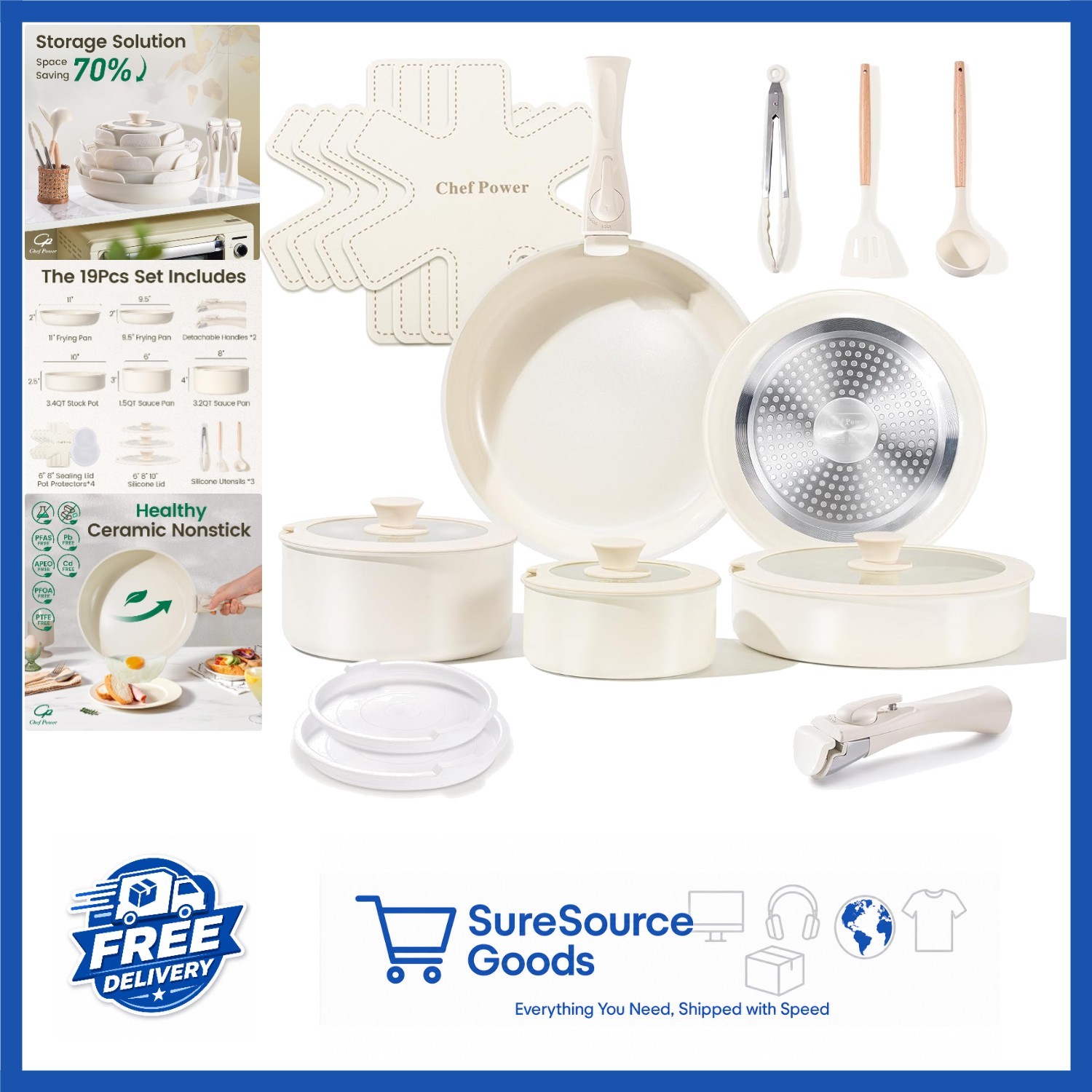 Healthy Nonstick Cookware Set 19 Pcs Induction Dishwasher Oven Safe Kitchen Set