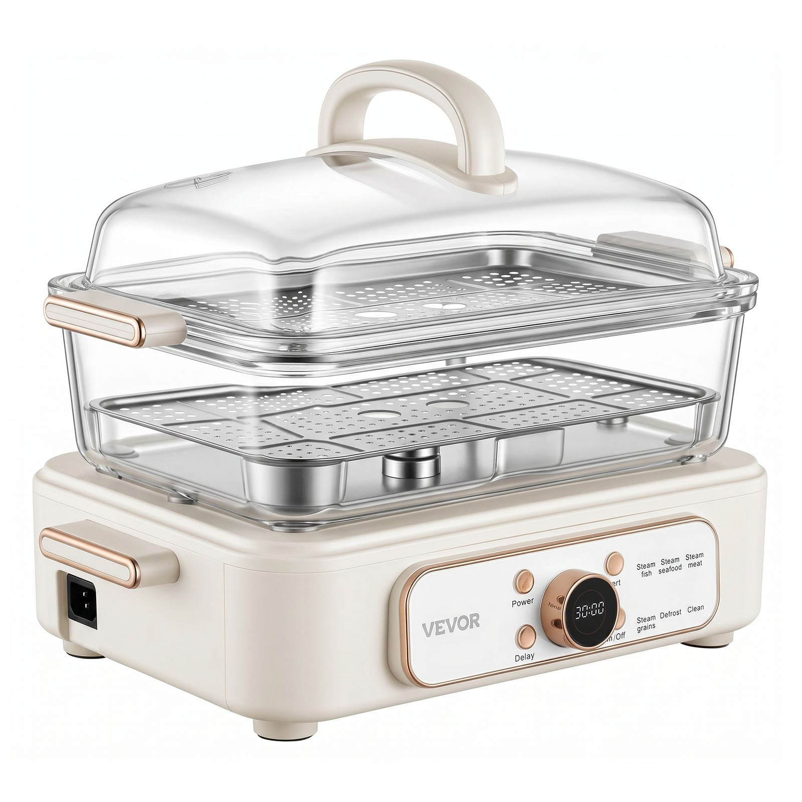 6.3QT Electric Food Steamer 2 Tier Stainless Trays 1200W White Cooker