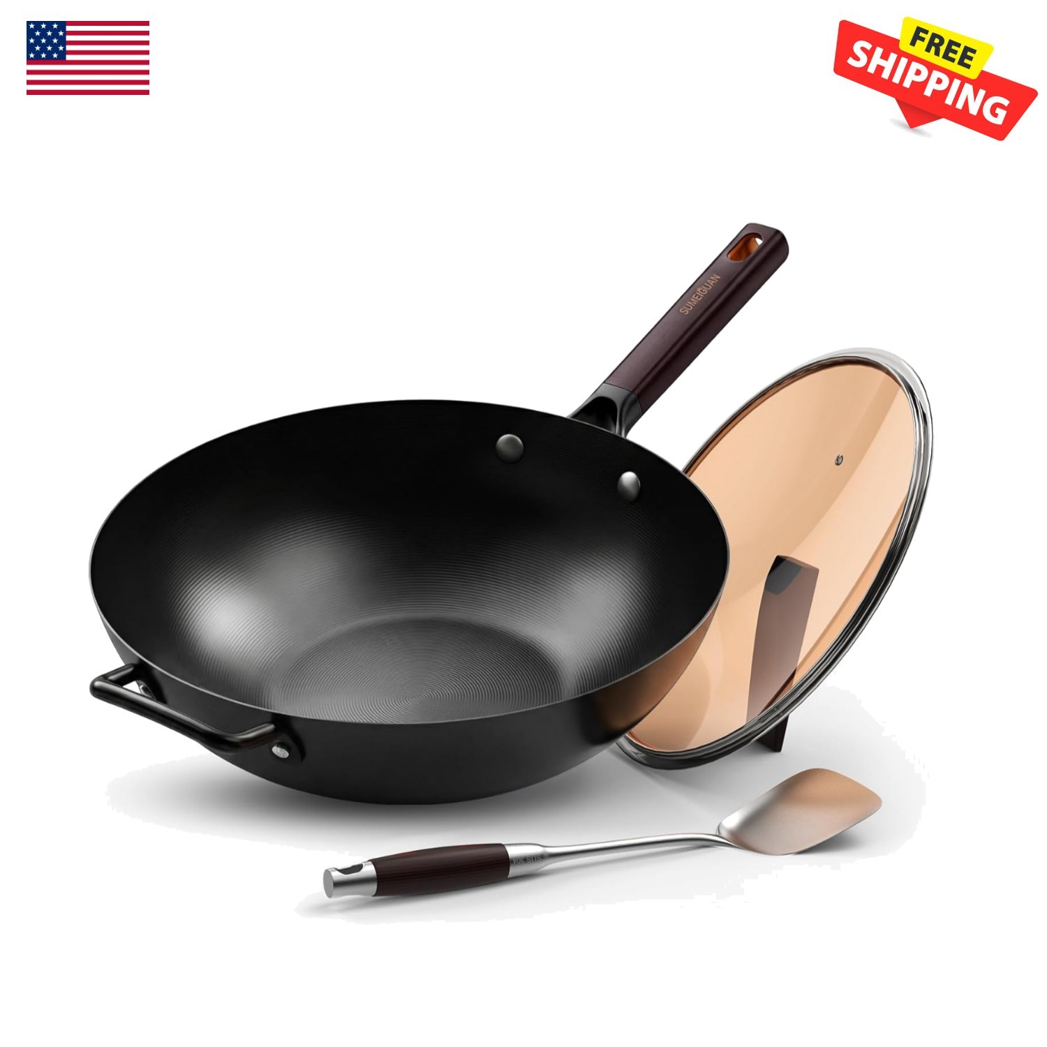 13.5in Carbon Steel Wok Pan Pre-Seasoned Flat Bottom Stir Fry BBQ