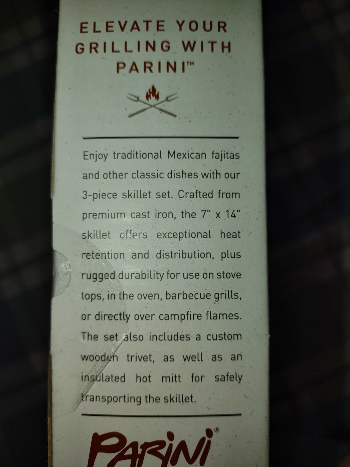 Parini Grilling Fajita Skillet Set Cast Iron Pan 7″ x 14″ Wood Trivet Mitt New