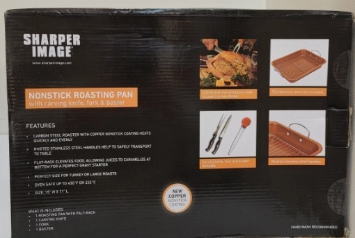 Sharper Image Roasting Pan Copper Coating 15 x 11″ Carving Knife Fork & Baster