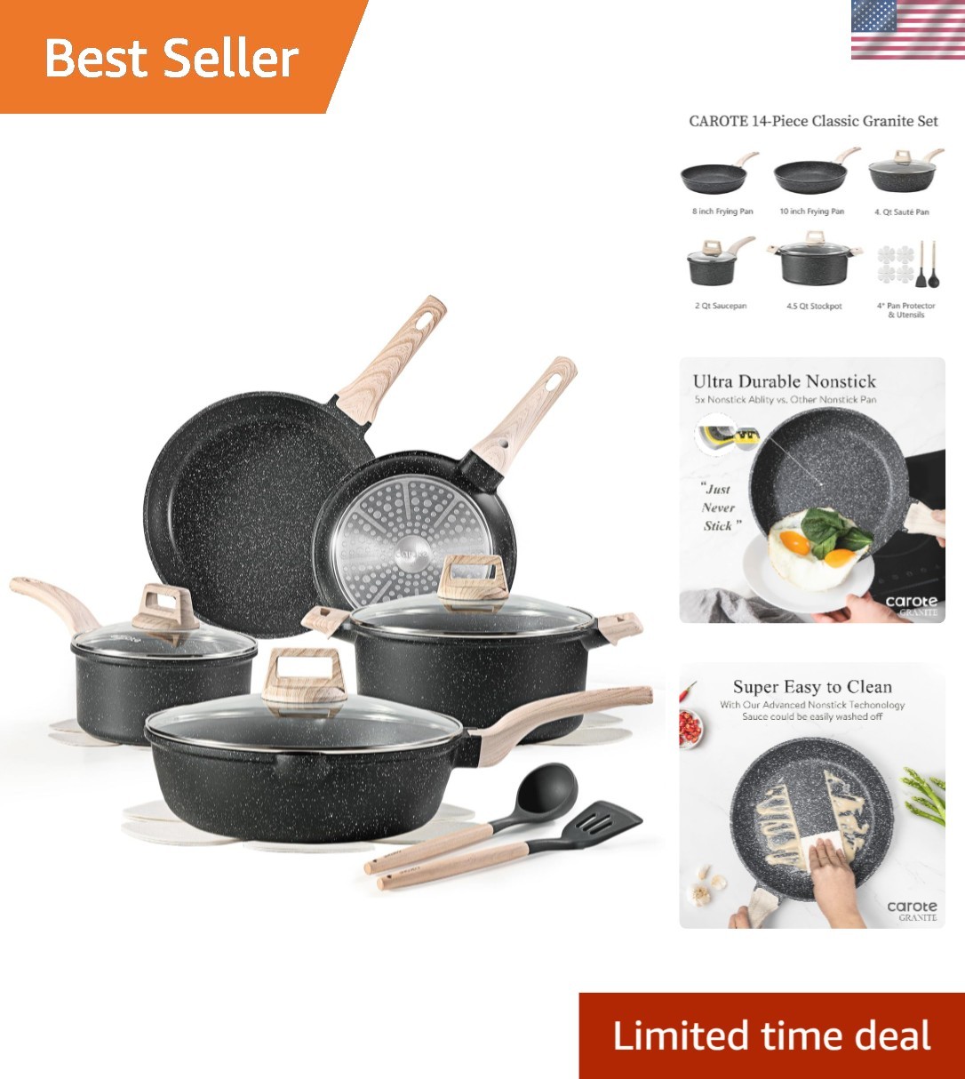 Lightweight 14-Piece Induction-Compatible Cookware Set with Granite Coating
