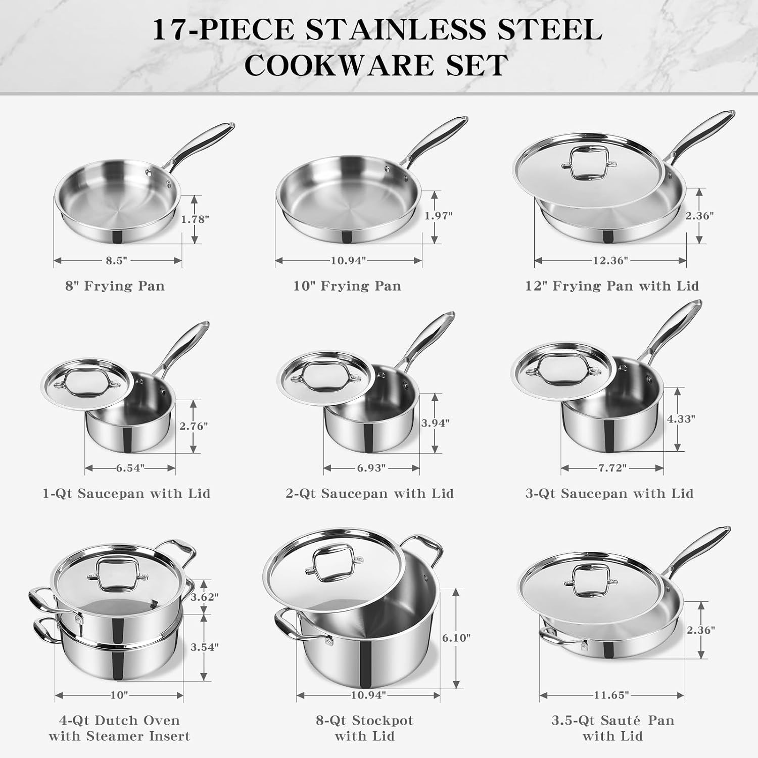 Stainless Steel Cookware Set, 3 Ply 17 Piece Stainless Steel Pot and Pan Set,…