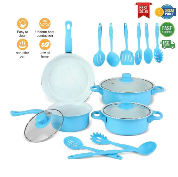 13PC Sky Blue Nonstick Cookware Set Glass Lids Pots & Pans Kitchen