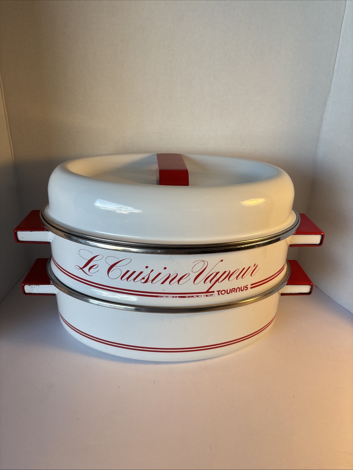 Vintage Le Cuisine Vapeur 3-Pc Steamer Pot White And Red With Handles!!!